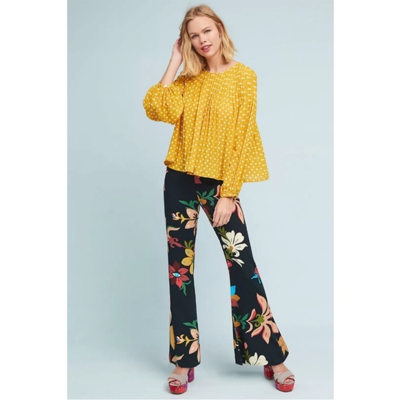 FARM Rio Pants - Farm Rio Calla Flared Pants Black Floral Size XS Anthropologie